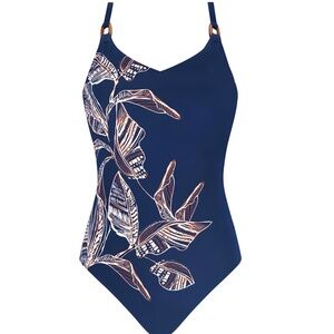 Amoena Swimsuit Womens US Size 12 D EU 42 D Blue One Piece Mastectomy Pocketed